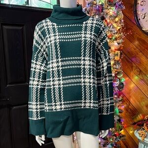 Plaid Turtleneck Sweater - Green and White Large LOFT #EE NWT